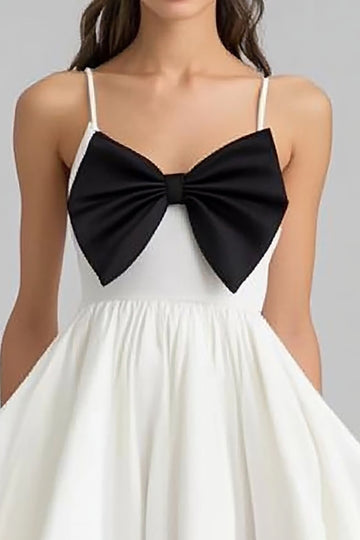 White and Black Satin A Line Short Graduation Dress with Bow